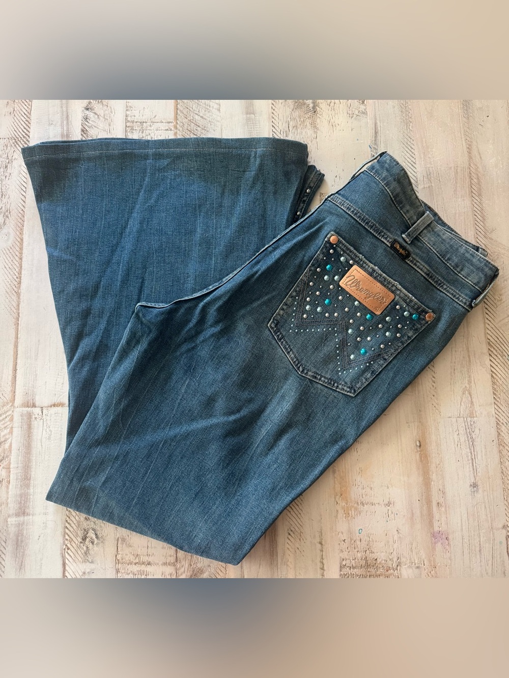 Wrangler x Lainey Wilson Wide Flare Jeans with Turquoise & Silver Studs